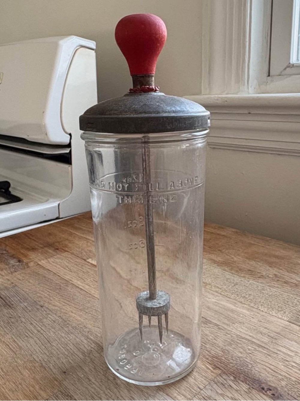 Vintage Retro Nut Chopper - Glass Cocktail Mixer Ice Crusher Red Handle